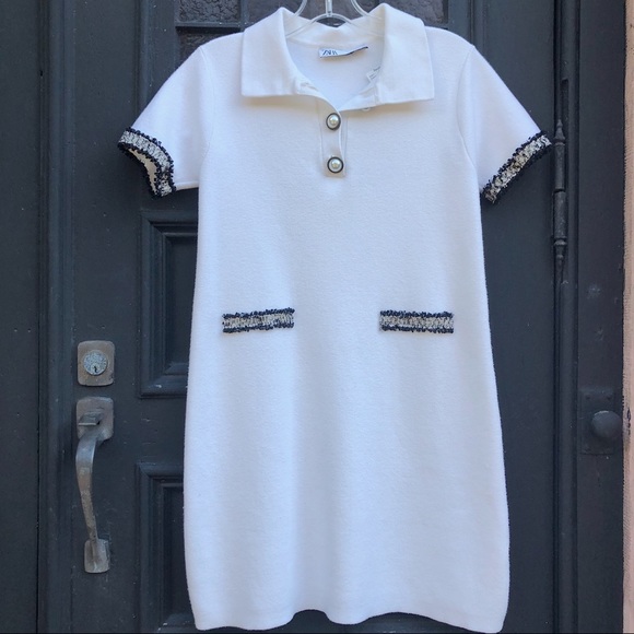 Zara Dresses & Skirts - Cream Zara Dress with Tweed and Pearl details